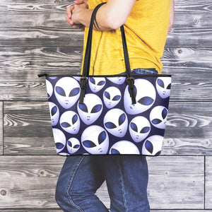 Grey Alien Face Pattern Print Leather Tote Bag