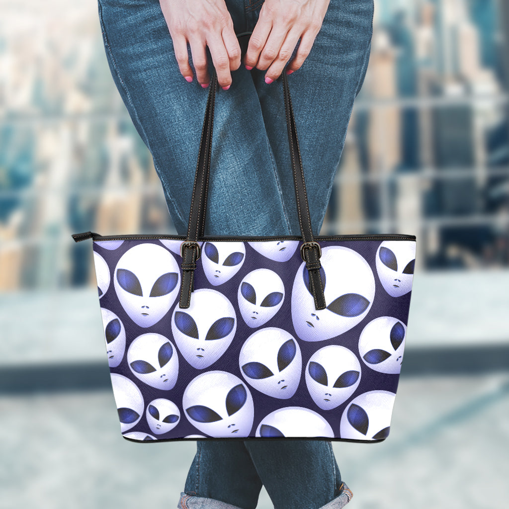 Grey Alien Face Pattern Print Leather Tote Bag