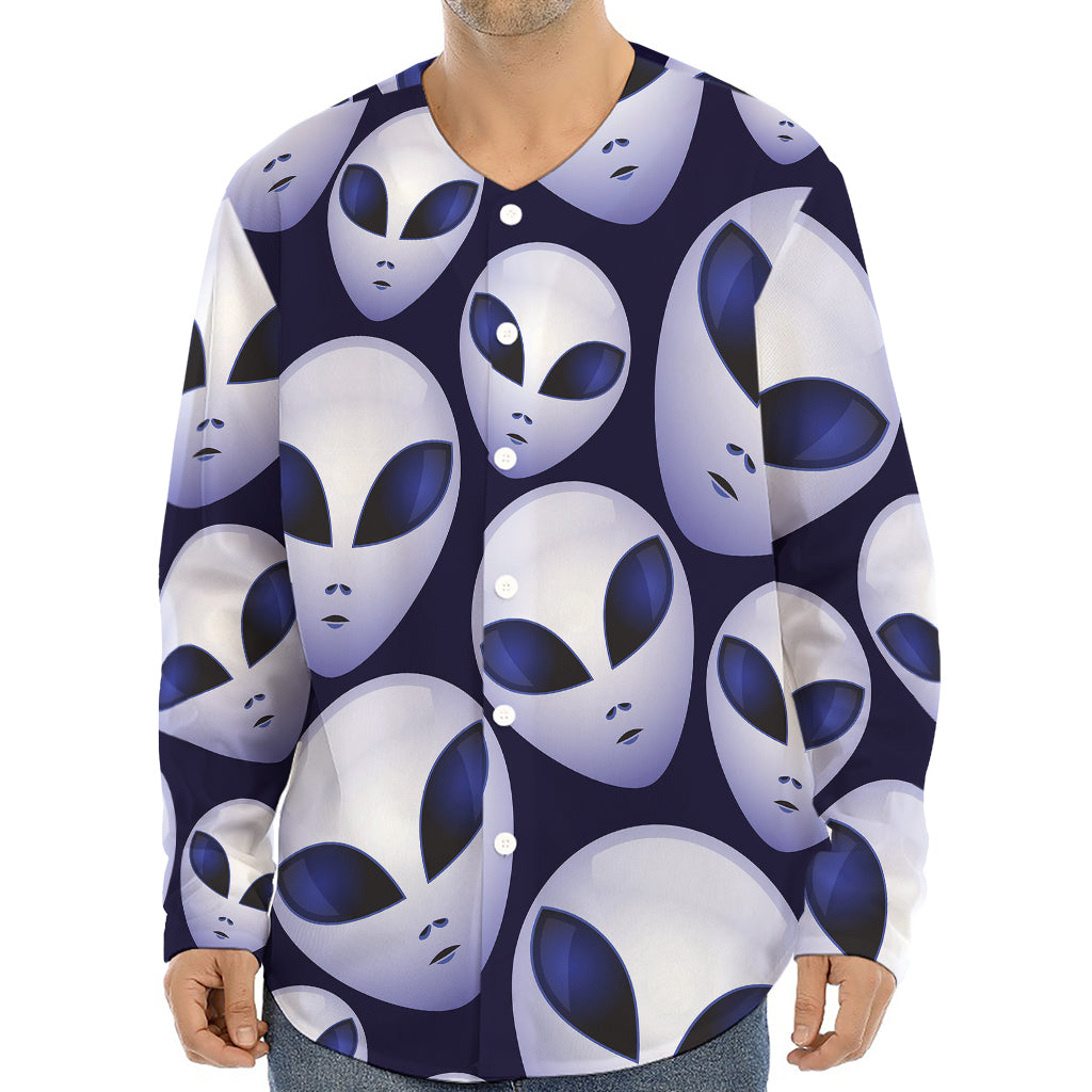 Grey Alien Face Pattern Print Long Sleeve Baseball Jersey