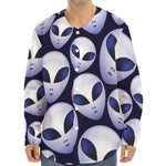 Grey Alien Face Pattern Print Long Sleeve Baseball Jersey