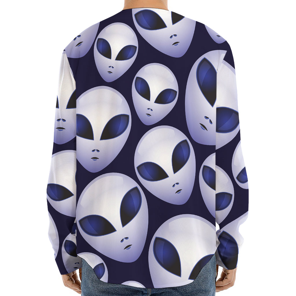 Grey Alien Face Pattern Print Long Sleeve Baseball Jersey