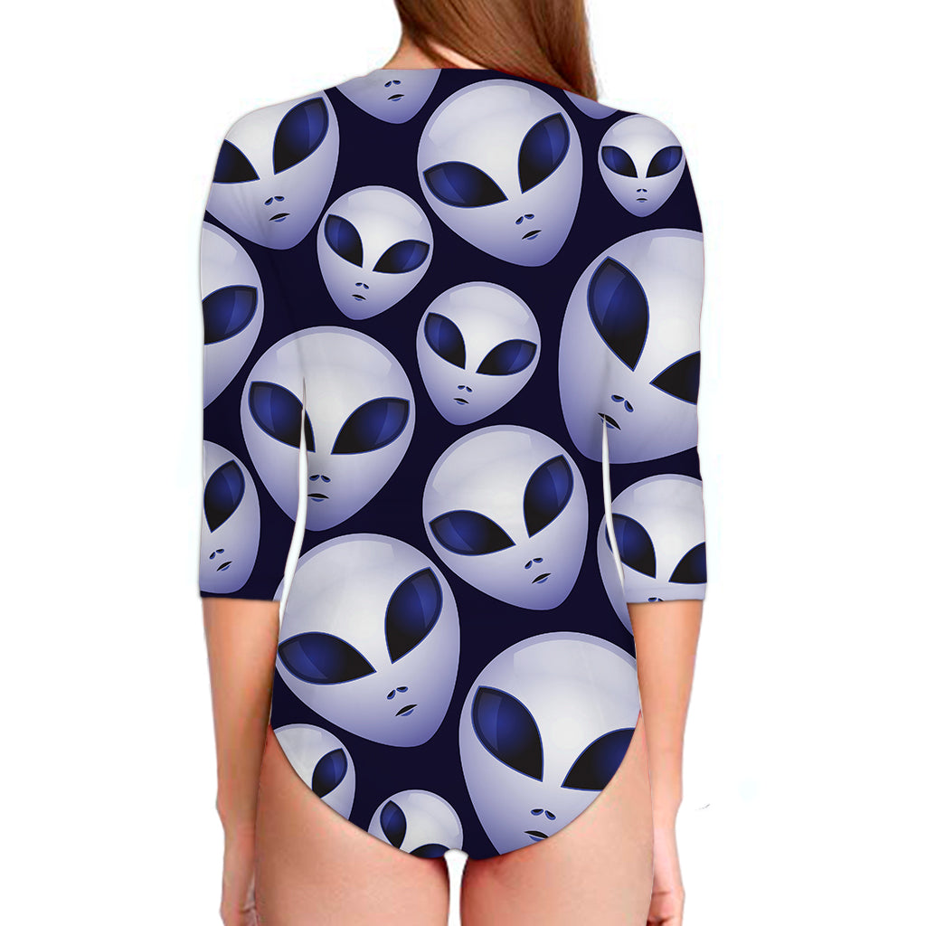 Grey Alien Face Pattern Print Long Sleeve Swimsuit