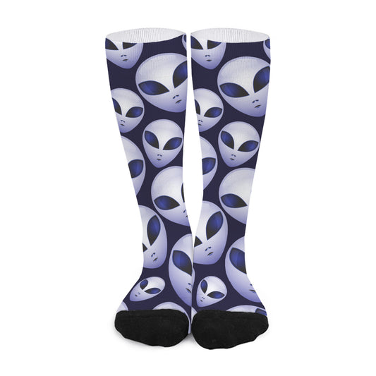 Grey Alien Face Pattern Print Long Socks