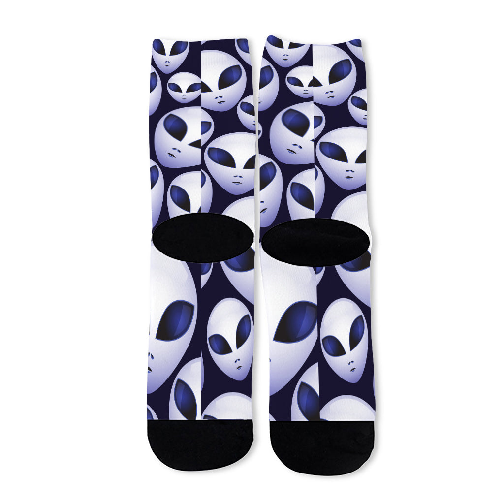 Grey Alien Face Pattern Print Long Socks