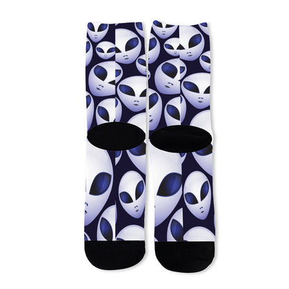 Grey Alien Face Pattern Print Long Socks