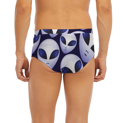 Grey Alien Face Pattern Print Men's Briefs
