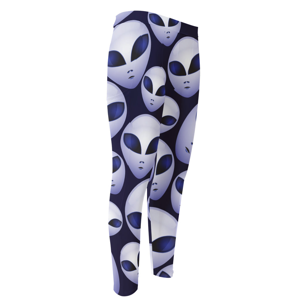 Grey Alien Face Pattern Print Men's Compression Pants