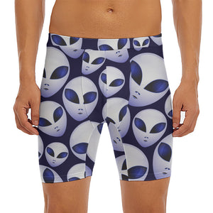 Grey Alien Face Pattern Print Men's Long Boxer Briefs