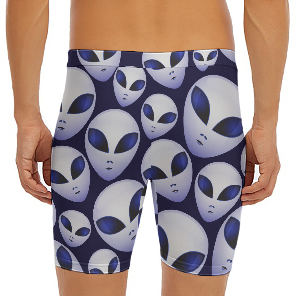 Grey Alien Face Pattern Print Men's Long Boxer Briefs