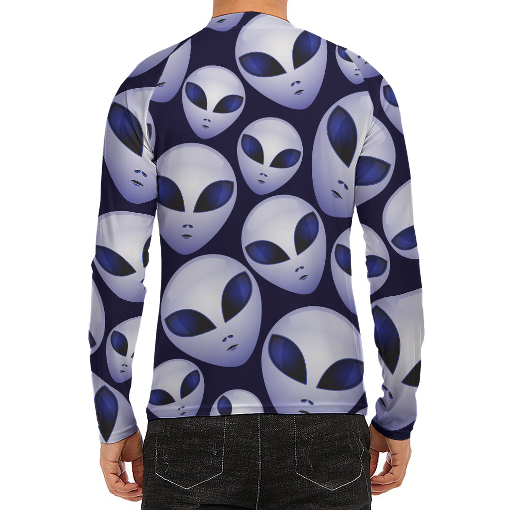 Grey Alien Face Pattern Print Men's Long Sleeve Rash Guard