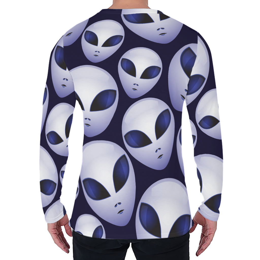 Grey Alien Face Pattern Print Men's Long Sleeve T-Shirt