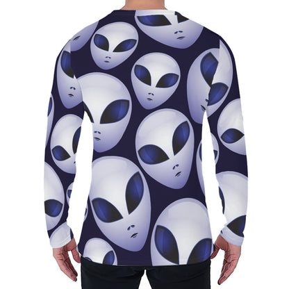 Grey Alien Face Pattern Print Men's Long Sleeve T-Shirt
