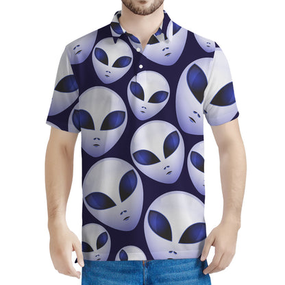 Grey Alien Face Pattern Print Men's Polo Shirt