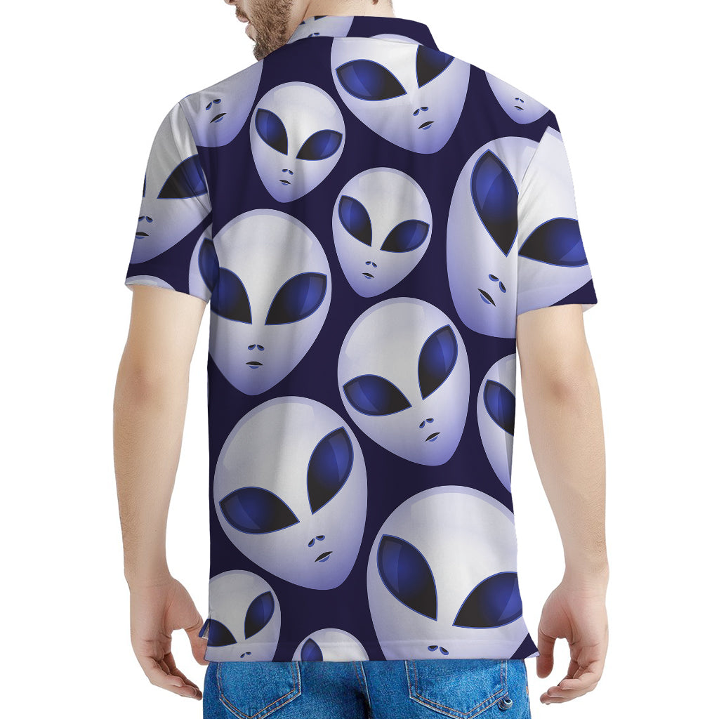 Grey Alien Face Pattern Print Men's Polo Shirt