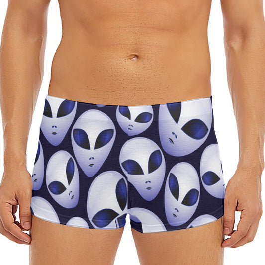 Grey Alien Face Pattern Print Men's Short Boxer Briefs
