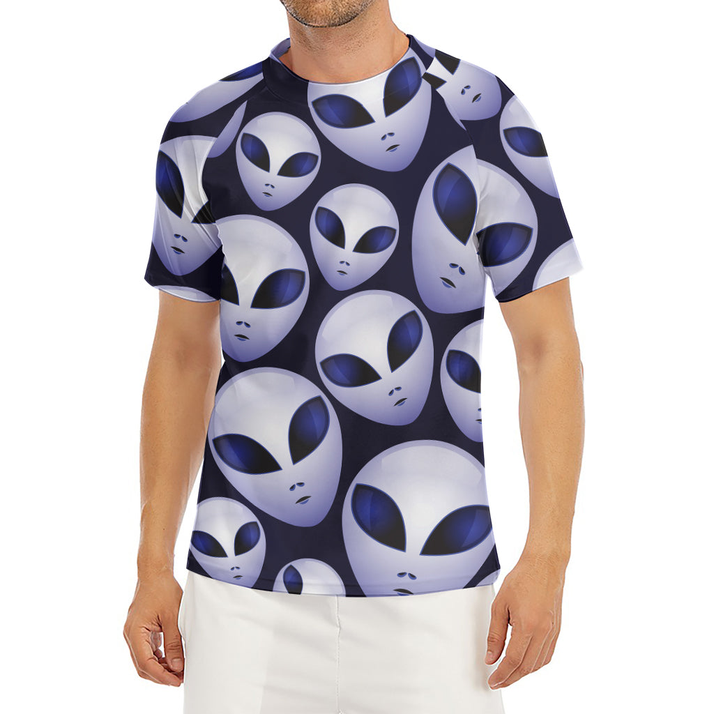 Grey Alien Face Pattern Print Men's Short Sleeve Rash Guard