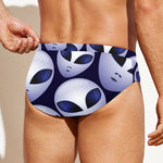 Grey Alien Face Pattern Print Men's Swim Briefs