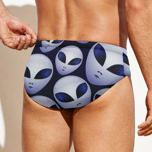 Grey Alien Face Pattern Print Men's Swim Briefs