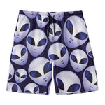 Grey Alien Face Pattern Print Men's Swim Trunks