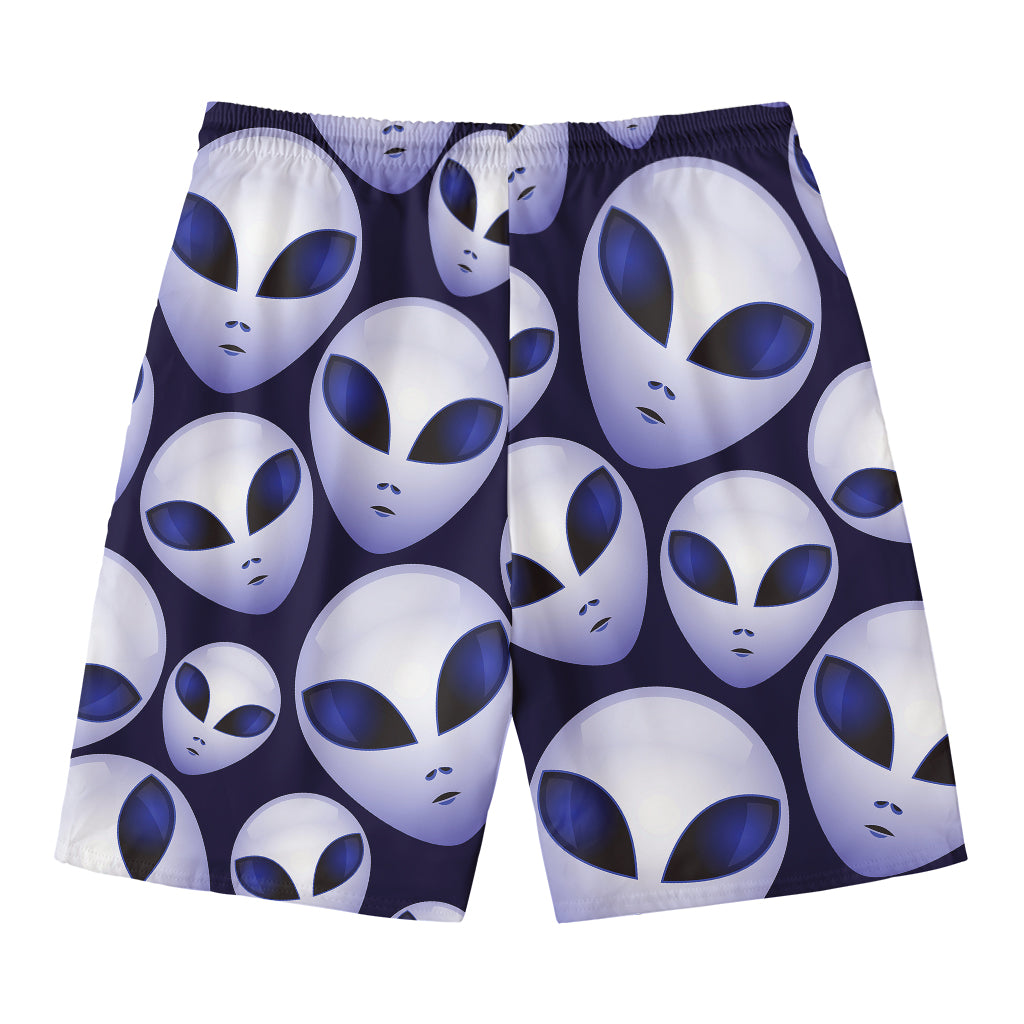 Grey Alien Face Pattern Print Men's Swim Trunks