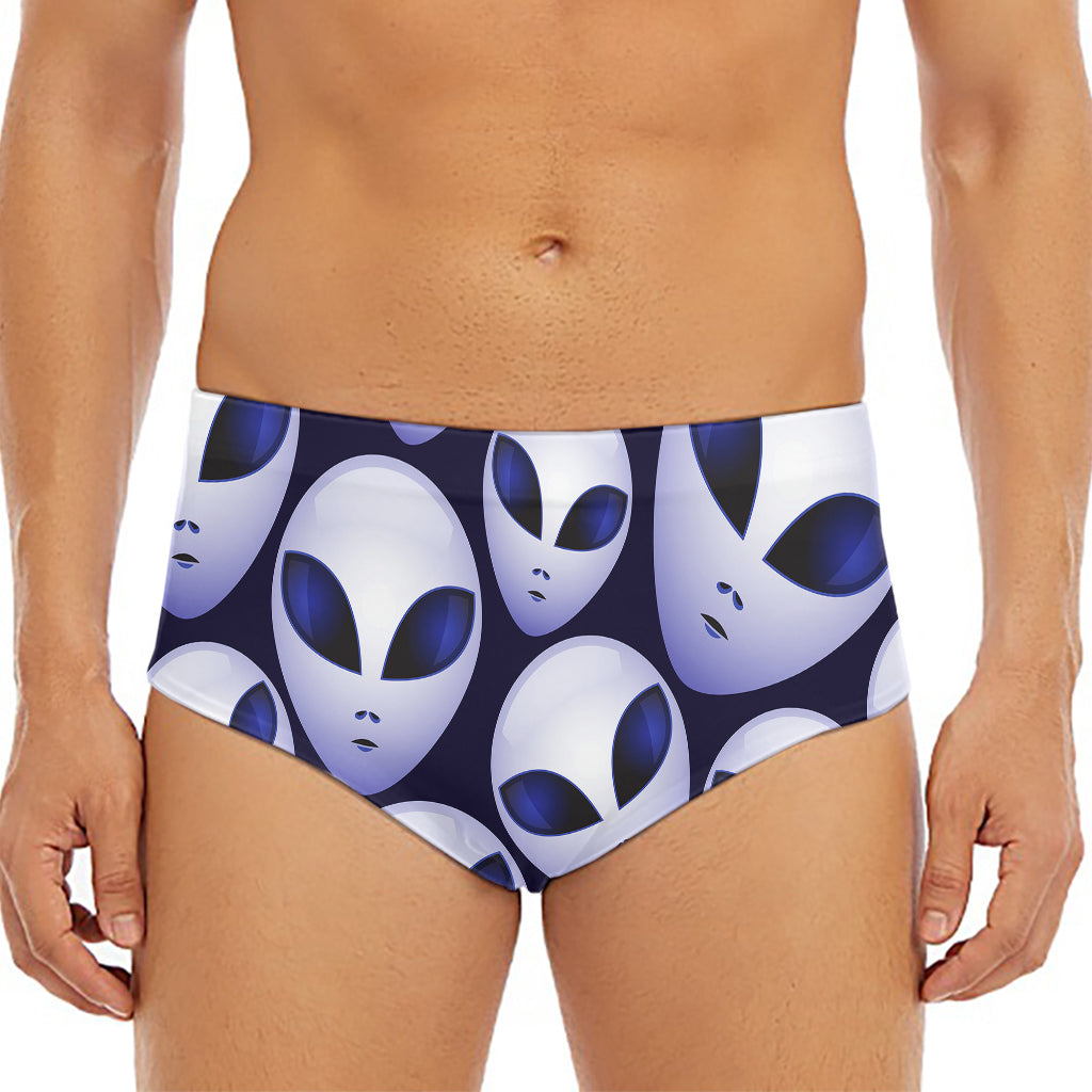 Grey Alien Face Pattern Print Men's Triangle Swim Briefs