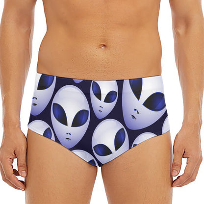 Grey Alien Face Pattern Print Men's Triangle Swim Briefs