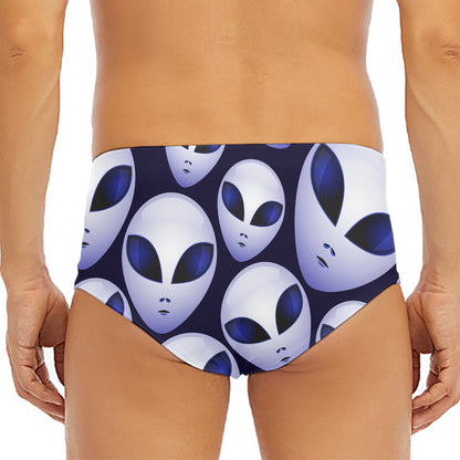 Grey Alien Face Pattern Print Men's Triangle Swim Briefs