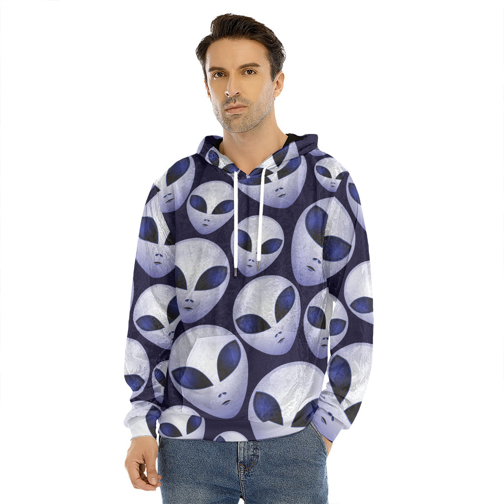 Grey Alien Face Pattern Print Men's Velvet Pullover Hoodie