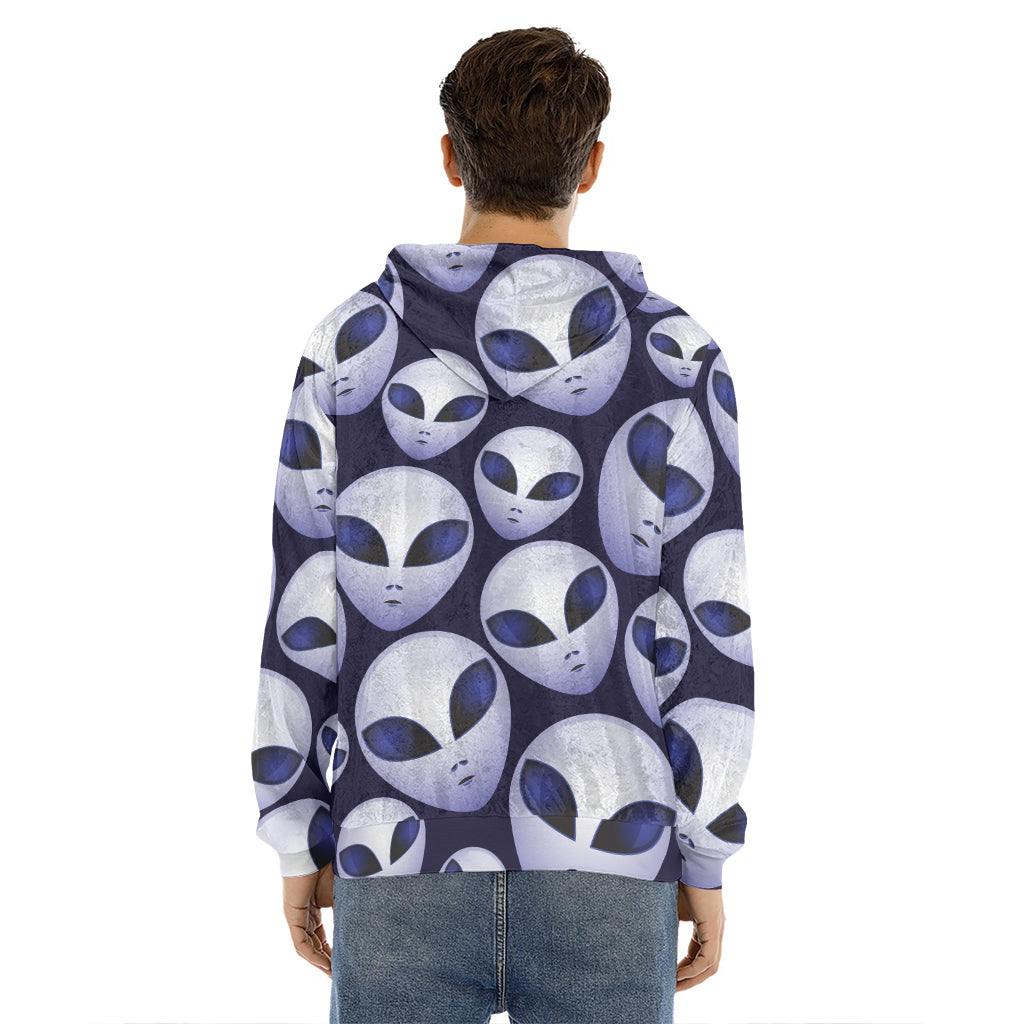 Grey Alien Face Pattern Print Men's Velvet Pullover Hoodie