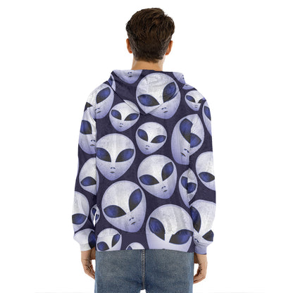 Grey Alien Face Pattern Print Men's Velvet Pullover Hoodie