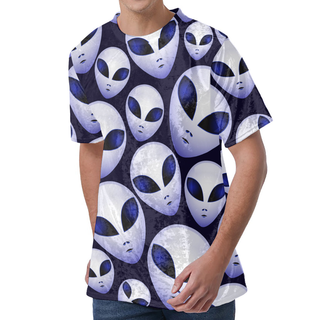 Grey Alien Face Pattern Print Men's Velvet T-Shirt