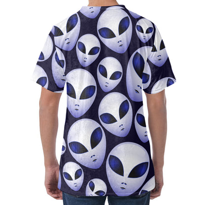 Grey Alien Face Pattern Print Men's Velvet T-Shirt