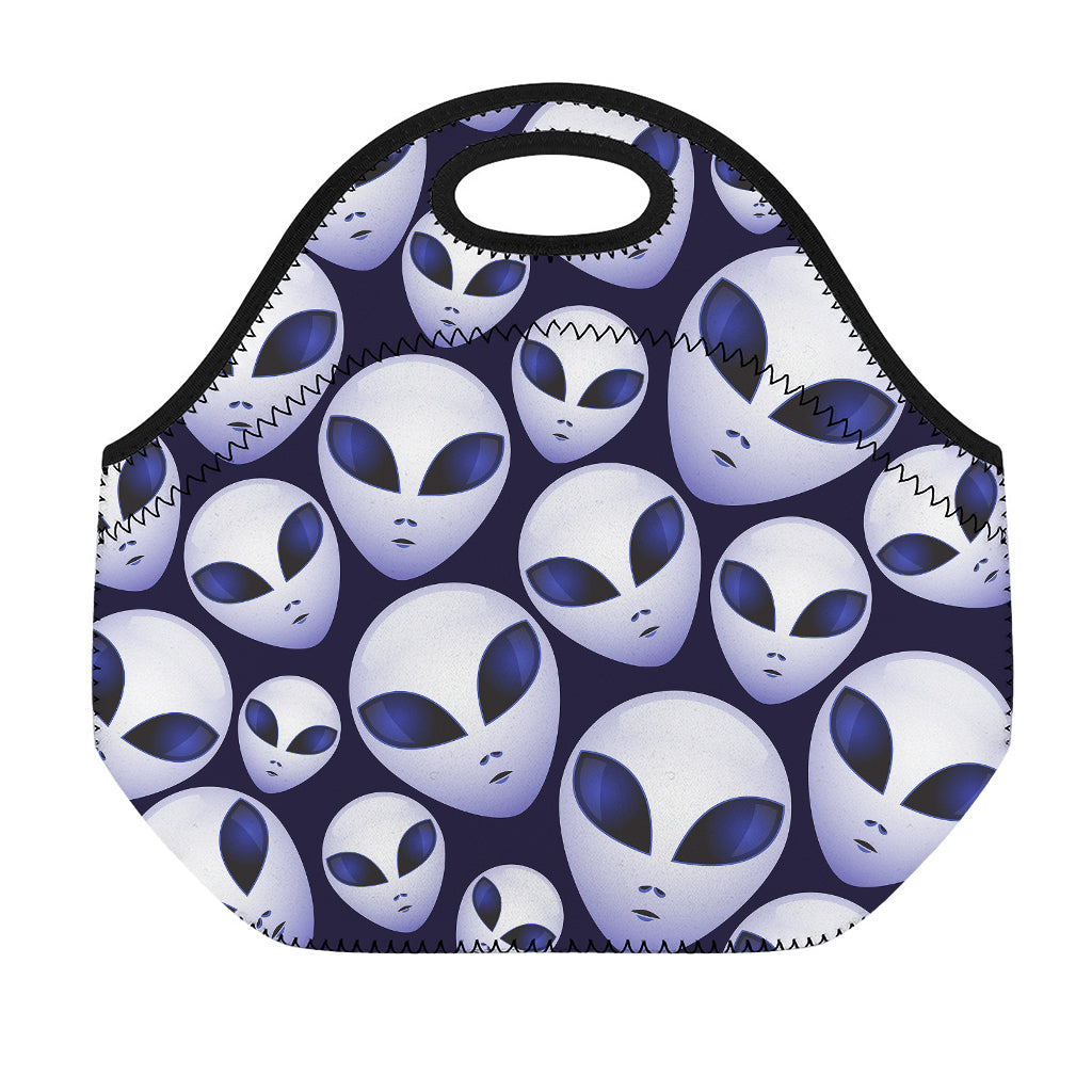 Grey Alien Face Pattern Print Neoprene Lunch Bag