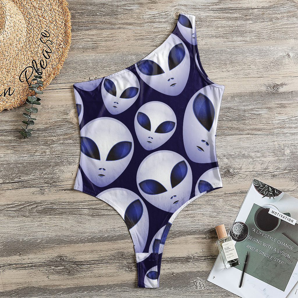 Grey Alien Face Pattern Print One Shoulder Bodysuit