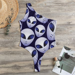 Grey Alien Face Pattern Print One Shoulder Bodysuit