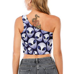 Grey Alien Face Pattern Print One Shoulder Crop Top