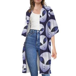 Grey Alien Face Pattern Print Open Front Beach Cover Up