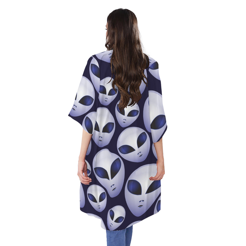 Grey Alien Face Pattern Print Open Front Beach Cover Up