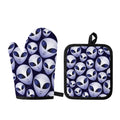 Grey Alien Face Pattern Print Oven Mitt And Pot Holder Set