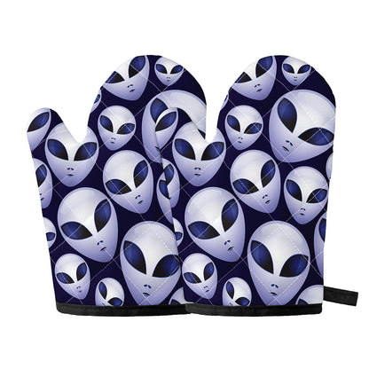 Grey Alien Face Pattern Print Oven Mitts