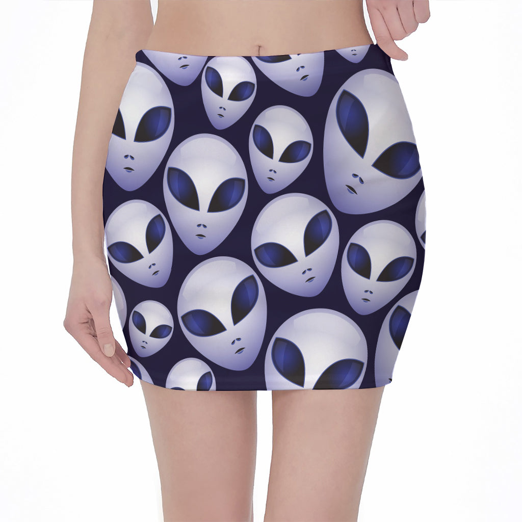 Grey Alien Face Pattern Print Pencil Mini Skirt