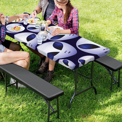Grey Alien Face Pattern Print Picnic Table Cover