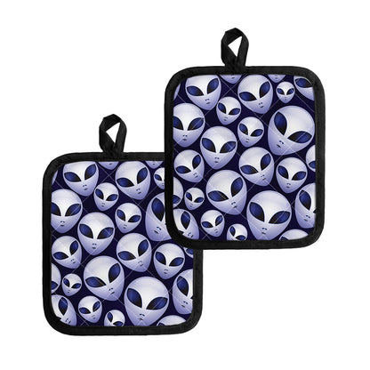 Grey Alien Face Pattern Print Pot Holders