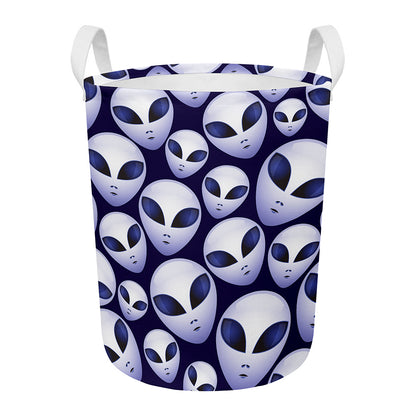 Grey Alien Face Pattern Print Round Laundry Basket