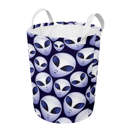 Grey Alien Face Pattern Print Round Laundry Basket