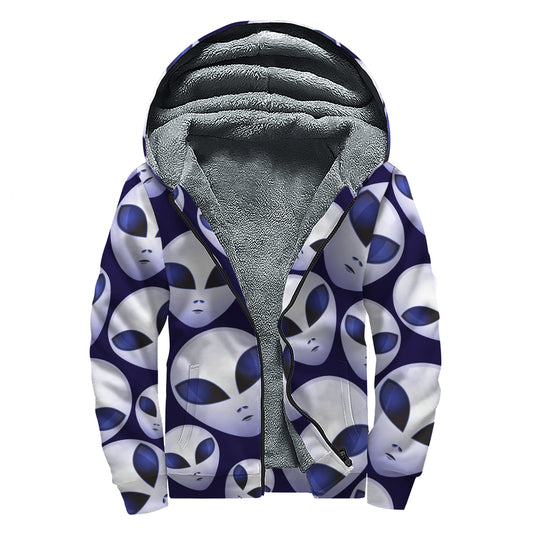 Grey Alien Face Pattern Print Sherpa Lined Zip Up Hoodie