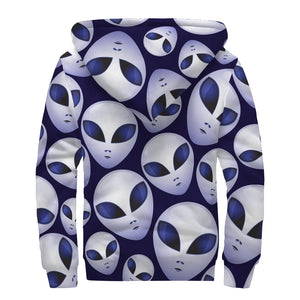 Grey Alien Face Pattern Print Sherpa Lined Zip Up Hoodie