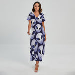 Grey Alien Face Pattern Print Short Sleeve Maxi Dress