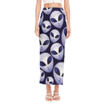 Grey Alien Face Pattern Print Side Slit Maxi Skirt