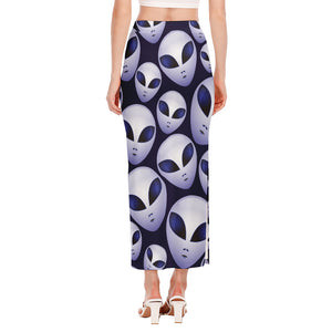 Grey Alien Face Pattern Print Side Slit Maxi Skirt